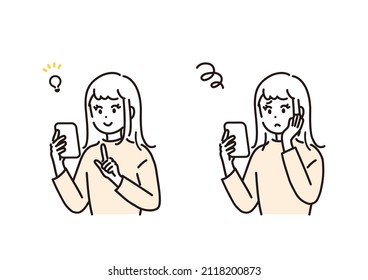 Illustration set of woman operating smartphone. Vector.