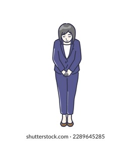 Illustration set of woman in pantsuit bowing, full body