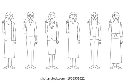 Illustration set of a woman pointing her finger with a smile (white background, vector, cut out)