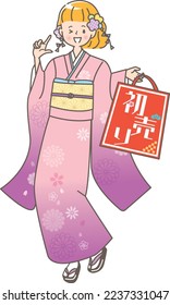 Illustration set of woman shopping at first sale saleranslation: "New Year's First Sale"