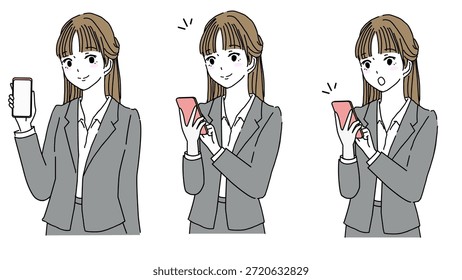 Conjunto de ilustración de una mujer sonriendo mientras mira la pantalla de su teléfono inteligente