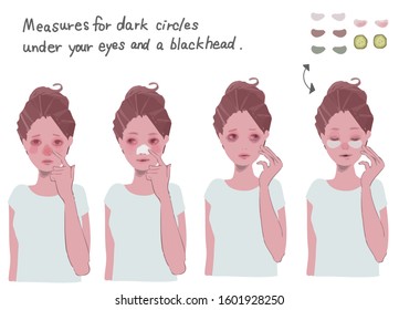 Illustration Set Of A Woman Suffering From A Black Head And Dark Circles Under Your Eyes