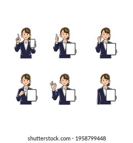 Illustration set of a woman in a suit holding a tablet PC with a blank screen