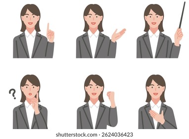 Conjunto de ilustrações de uma mulher em um terno segurando um ponteiro