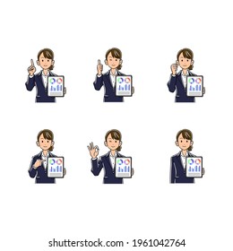 Illustration set of a woman in a suit with a tablet PC