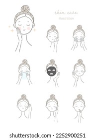 Illustration set of a woman taking care of her face.