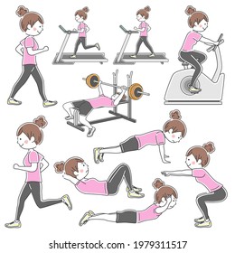 Illustration set of a woman training in a sports gym.