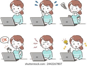 Illustration set of a woman using a computer