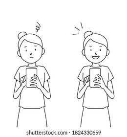 Illustration set of a woman using smartphone (I don't know how to use it, I understand!)