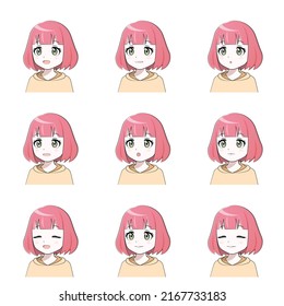 Illustration Set Of A Woman In Various Mouth Shapes (facial Expressions) (white Background, Vector, Cut Out)(Anime, Manga Touch)