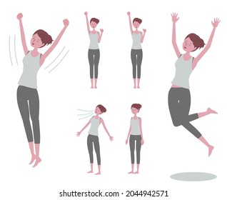 Illustration Set Of A Woman Wearing Yoga Wear Who Stretches, Jumps, Takes A Deep Breath, And Makes A Guts Pose