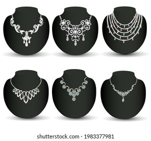 Illustration set woman wedding necklace with pearls and precious stones isolated on white background