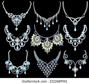 Illustration set woman wedding necklace with pearls and precious stones