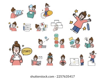 Illustration set of a woman who challenges new learning in communication and online education
