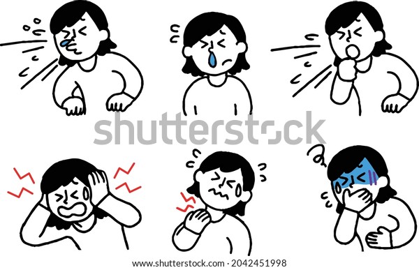 Illustration set of a woman who is ill and has\
various symptoms