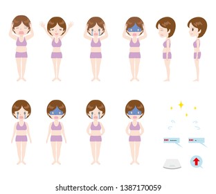 Illustration set of a woman who is on a weight scale.