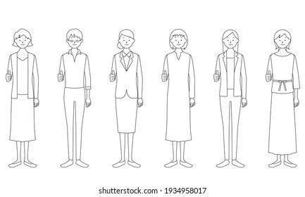 Illustration set of a woman who winks and makes a thumbs up (white background, vector, cut out)