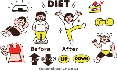 Illustration set of a woman who works hard on a diet