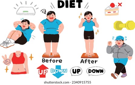 Illustration set of a woman who works hard on a diet