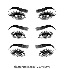 Illustration with set of  woman's eyes. Makeup Look. Tattoo design. 