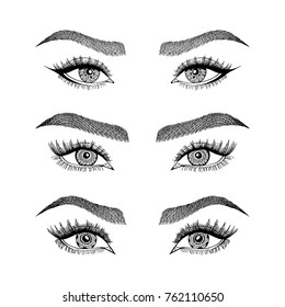 Illustration with set of  woman's eyes. Makeup Look. Tattoo design. 