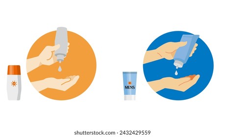 Illustration set of woman's and man's hands putting on sunscreen. Vector icons.