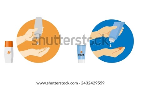 Illustration set of woman's and man's hands putting on sunscreen. Vector icons.