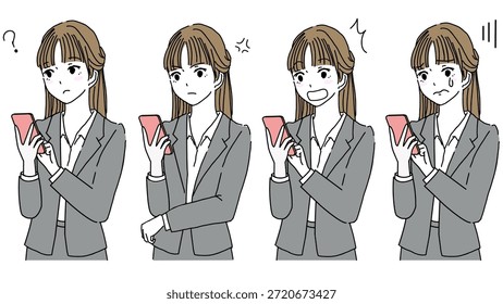 Illustrationssatz des unruhigen Ausdrucks einer Frau während der Benutzung ihres Smartphones
