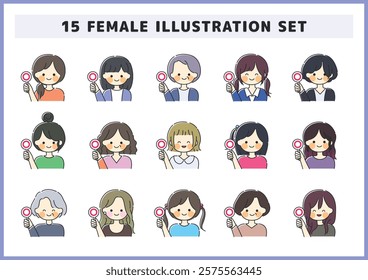 Illustration set of women, children, and elderly people holding round tags