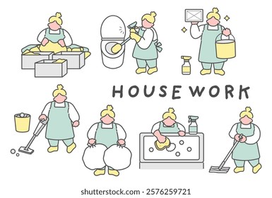 Illustration set of women doing housework
