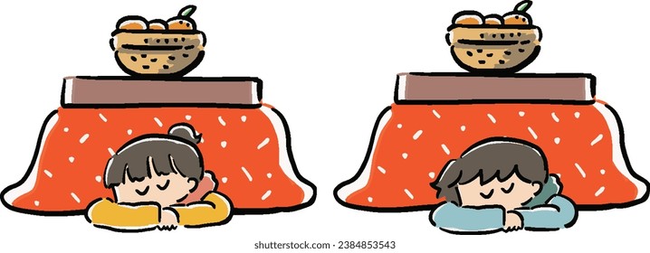 Illustration set of women and men sleeping in a kotatsu