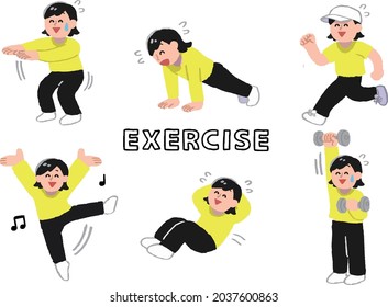 Illustration set of women in plain clothes who exercise happily and train their bodies