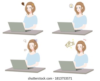 Conjunto de ilustraciones de mujeres utilizando una computadora personal