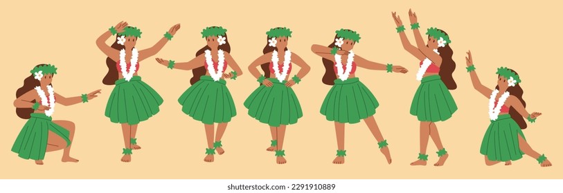 Ilustración de las mujeres en diversas poses de danza hula