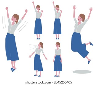 Illustration set of women who stretch, jump, take a deep breath, and make a guts pose