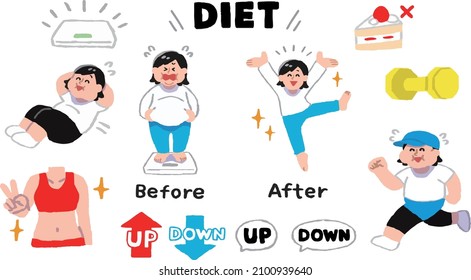 Illustration set of women working on a diet