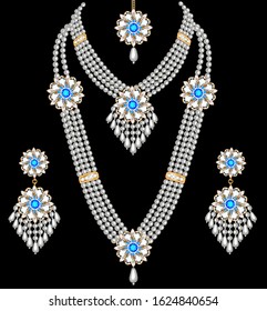 Illustration of a set of women's necklace and earrings made of pearls and precious stones