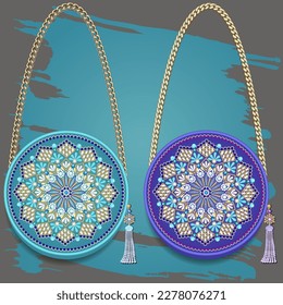 Illustration of a set of women's round bags with an ornament of beads