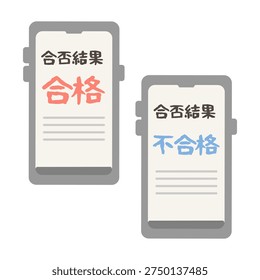 Illustration set of the word “pass and fail” displayed on the smartphone screen Translation: Pass and fail, examination result announcement