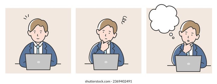 Illustration set of a working man flashing, worrying, and thinking in front of a computer