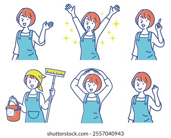 Illustration set of a working woman wearing an apron
