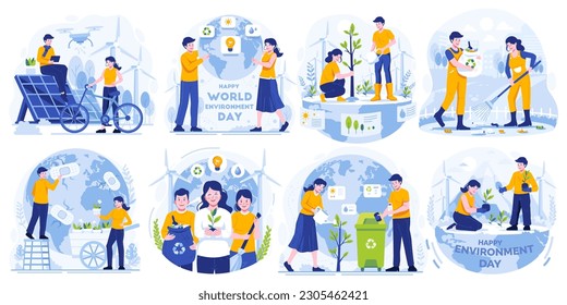 Illustration Set of World Environment Day. People taking care the earth. Save our planet. Earth Day Concept. Vector illustration