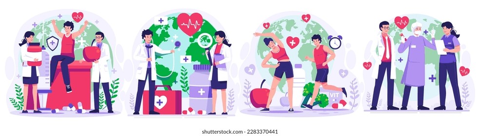 Illustration Set of World Health Day concept with Group of staff medical doctors and nurses, people living healthy activity, person jogging, cycling, yoga. vector illustration