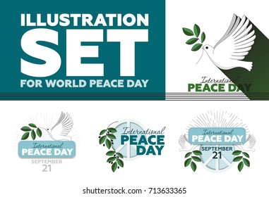 Illustration set for world peace day. Peace dove with olive branch and pacific sign.