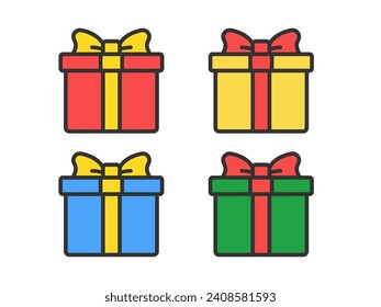 An illustration set of wrapped present box icons (line drawing color).