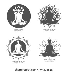 Illustration with set of yoga studio symbols, poster design or backdrop. Yogi girl and lotus flower vector. The emblem of yoga class. Good for a printing and web materials. Decorative sign, logotype