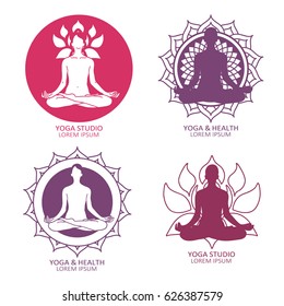 Illustration with set of yoga studio symbols, poster design or backdrop. Yogi girl and lotus flower vector. The emblem of yoga class. Symbol of relaxation and relax. Decorative sign, logotype