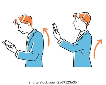 Illustration set of a young businessman looking at a smartphone screen with good and bad posture