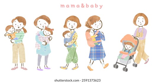 Illustration set of young child and mother