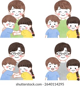 Illustration set of a young family standing in a row with smiles